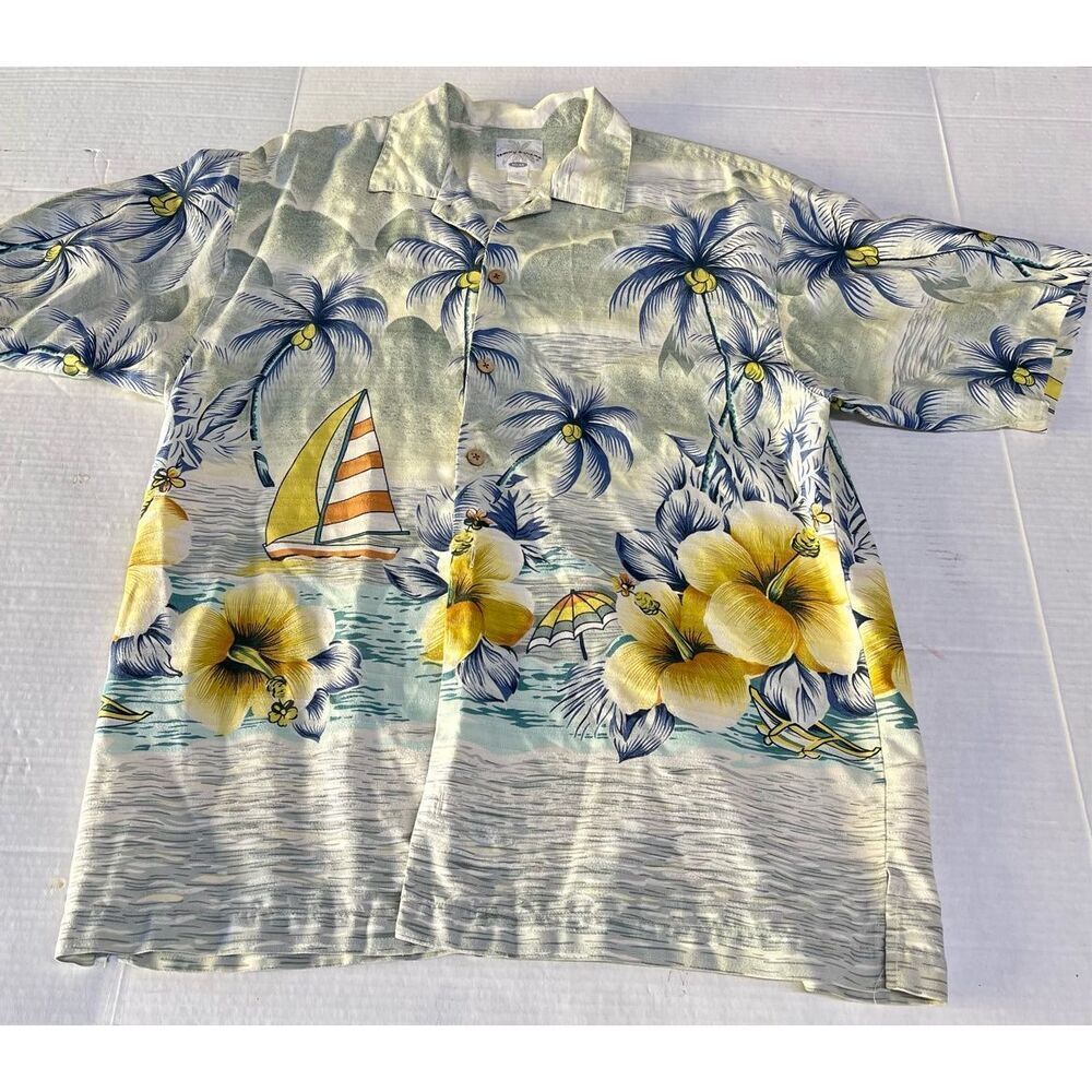 Tommy Bahama Yellow Floral 100% Silk‎ Short Sleeve Hawaiian Dress Shirt, Men's M